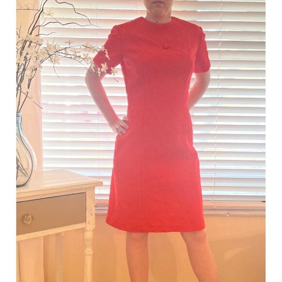 American Vintage 1960s Orange Red Textured Polyester Dress Size MED Ladies Mod - Picture 4 of 11